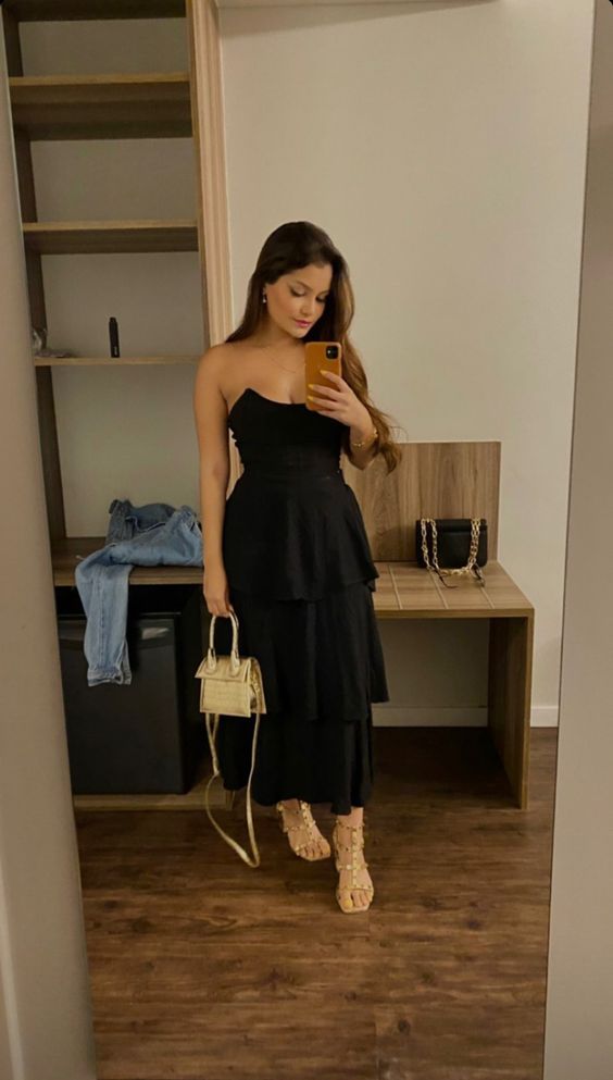 Elegante vestido de noche negro sin tirantes, vestido de fiesta negro Y1335