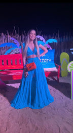 Charmantes zweiteiliges blaues Abendkleid, sexy blaues Strandkleid Y1327