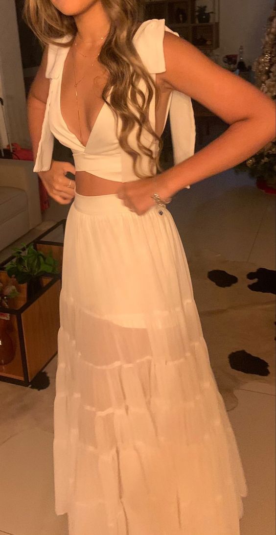 Encantador vestido de noche blanco de dos piezas, vestido de invitada de boda blanco Y1326