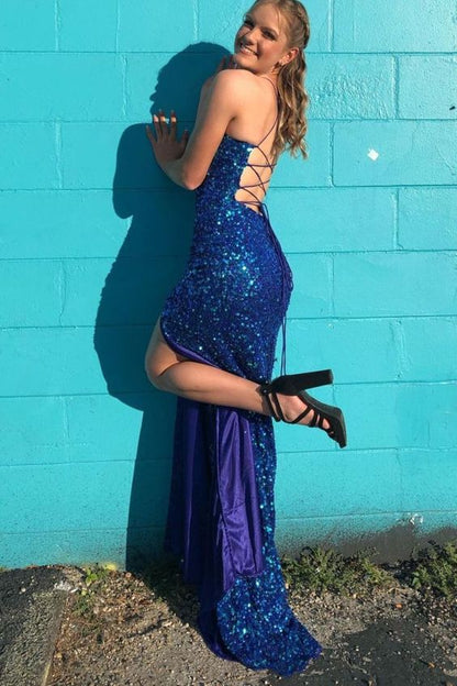 Funkelndes Meerjungfrau-Ballkleid mit U-Ausschnitt und Trägern in Königsblau mit Schlitz, Abendkleid Y1265