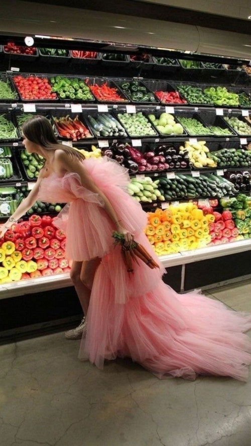 Vestido de fiesta de tul rosa con escote asimétrico y tirantes finos, vestido de noche rosa sin tirantes Y1316