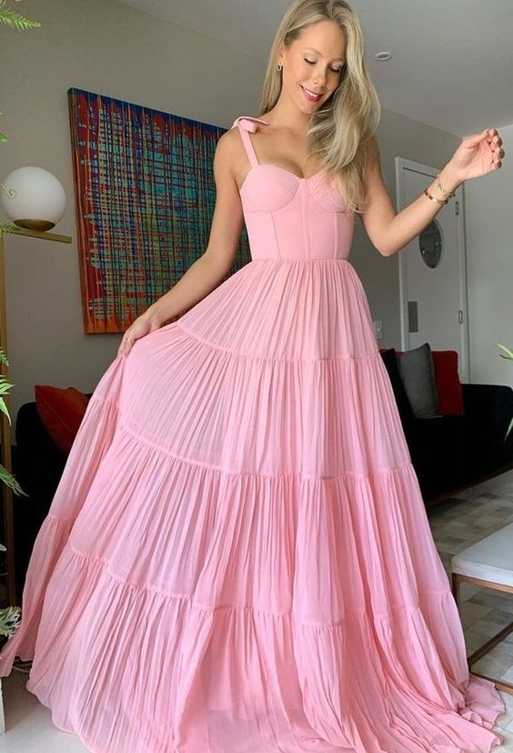 Süßes Rosa Chiffon Langes Ballkleid, A-Linie Abendkleid, Plissee Rüschen Partykleider Y1317