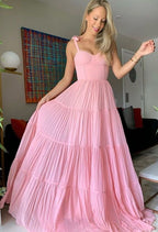 Süßes Rosa Chiffon Langes Ballkleid, A-Linie Abendkleid, Plissee Rüschen Partykleider Y1317