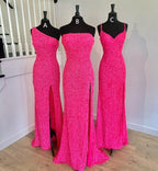 Wunderschöne Meerjungfrau Hot Pink Pailletten Langes Abendkleid, Charmantes Abendkleid Y1286