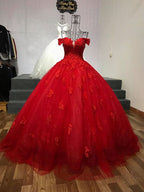 Rotes schulterfreies Spitzen-Tüll-Ballkleid Sweet 16 Kleid Y1274