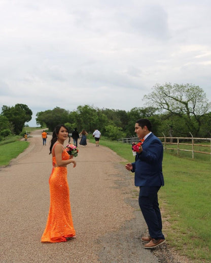Elegante vestido de fiesta largo con lentejuelas naranjas y corte sirena, vestidos de noche formales Y1307