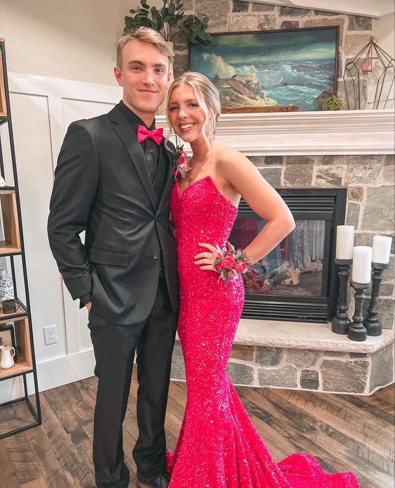 Hot Pink Mermaid Pailletten Ballkleider V-Ausschnitt Trompete Langes Abendkleid Maßgeschneiderte Größe Y1284