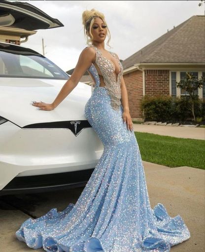 Vestido de noche azul brillante con corte sirena largo para fiesta Y1647