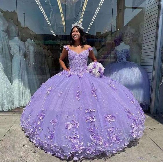 Vestido de quinceañera morado con volantes y flores, estilo princesa, escote corazón, Y1610