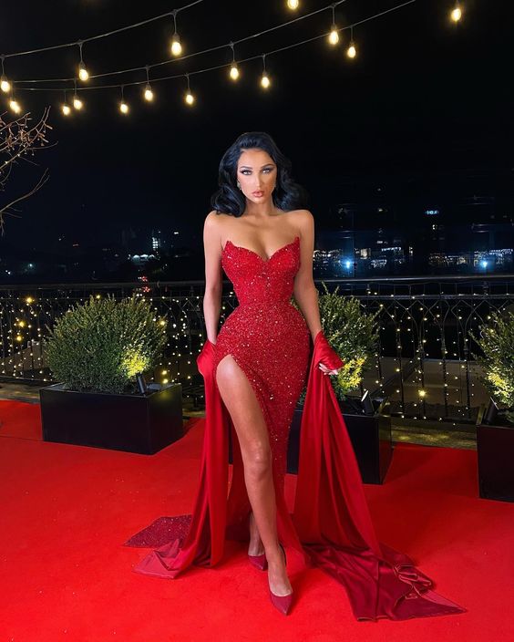 Rote Pailletten Meerjungfrau Abendkleid mit Schlitz Sexy Ballkleid Y1640