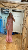 Vestido de noche elegante con un solo hombro y lentejuelas rosas, vestido de noche rosa brillante Y1633