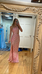 Vestido de noche elegante con un solo hombro y lentejuelas rosas, vestido de noche rosa brillante Y1633