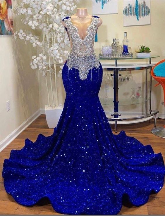 Vestidos de fiesta azul rey, vestidos de fiesta con cristales, vestidos de fiesta con cuentas, vestidos de noche sirena, vestidos de fiesta con lentejuelas, vestidos de noche sirena Y1595