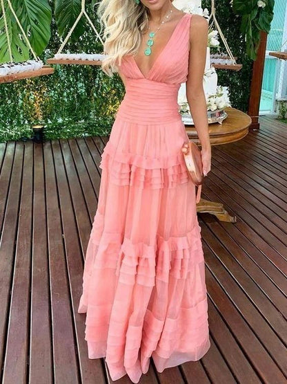 Vestido de fiesta sexy de gasa plisada con escote en V y volantes rosas Y1347
