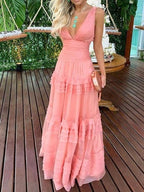 Vestido de fiesta sexy de gasa plisada con escote en V y volantes rosas Y1347