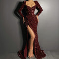 Burgund Pailletten Abendkleider Mit Langen Ärmeln Meerjungfrau High Split Meerjungfrau Ballkleid Partykleid Y1682