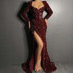 Burgund Pailletten Abendkleider Mit Langen Ärmeln Meerjungfrau High Split Meerjungfrau Ballkleid Partykleid Y1682
