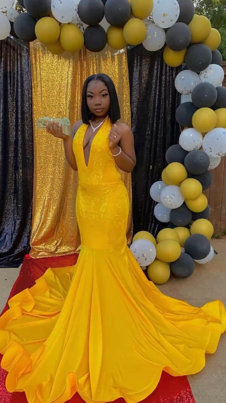 Impresionante vestido de fiesta amarillo de corte sirena, vestido de noche sexy con cola Y1709