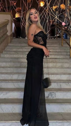 Sexy Black Long Evening Dress Illusion Black Lace Corset Evening Gown Y1047