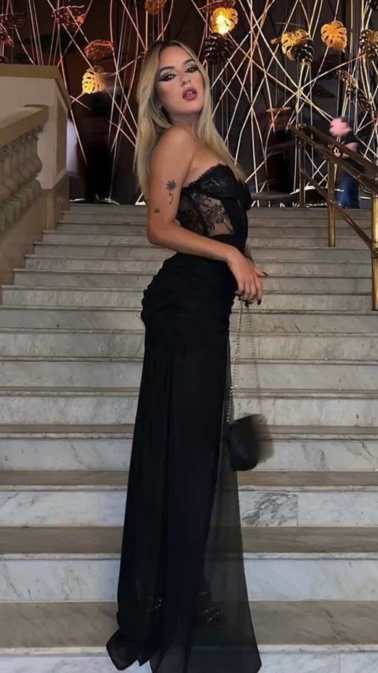 Sexy Black Long Evening Dress Illusion Black Lace Corset Evening Gown Y1047