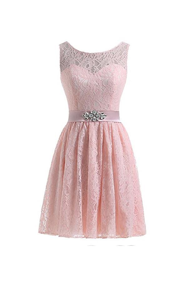 Vestidos de fiesta cortos de encaje rosa carne PG053