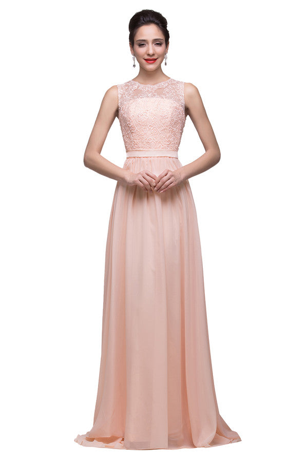 Vestidos de dama de honor de gasa con apliques y corte en A hasta el suelo con faja y cuello redondo