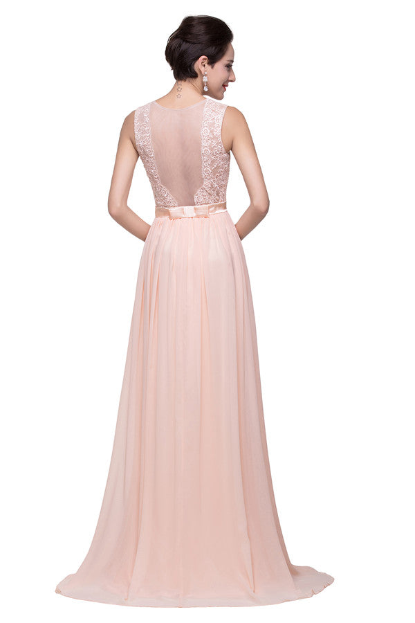 Vestidos de dama de honor de gasa con apliques y corte en A hasta el suelo con faja y cuello redondo