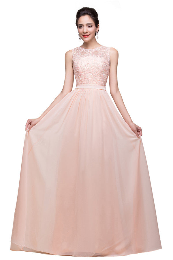 Vestidos de dama de honor de gasa con apliques y corte en A hasta el suelo con faja y cuello redondo