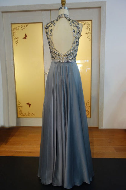 Floor Length A-line Halter Crystal Beading Chiffon Prom Dresses