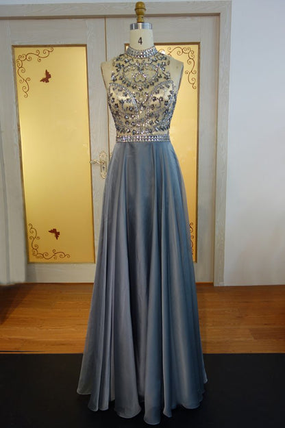 Floor Length A-line Halter Crystal Beading Chiffon Prom Dresses