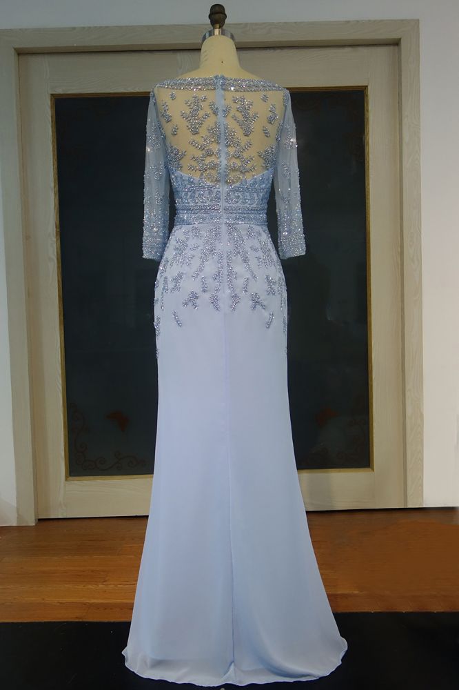 Floor Length A-line Scoop Long Sleeves Sequined Chiffon Prom Dresses