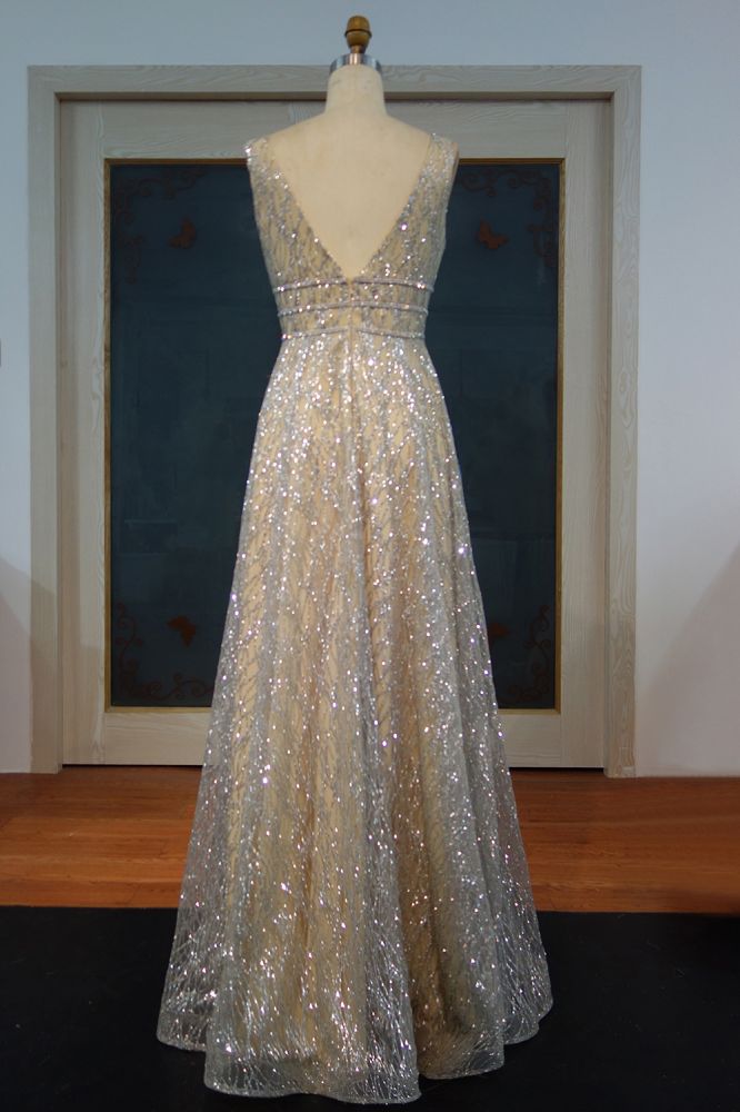 Floor Length A-line Sequined Sleeveless Silver Patterns Prom Dresses