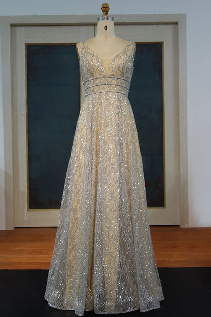 Vestidos de fiesta con estampados plateados, sin mangas, con lentejuelas y corte A hasta el suelo