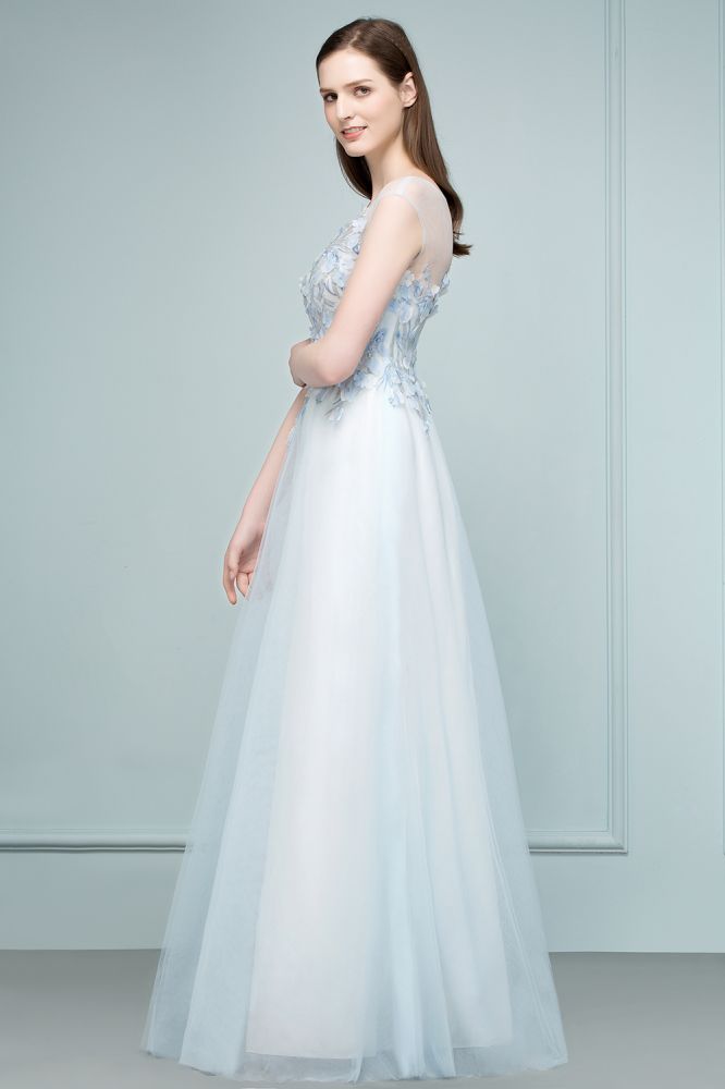 Vestidos de fiesta de tul con apliques florales, sin mangas, corte A y largo hasta el suelo