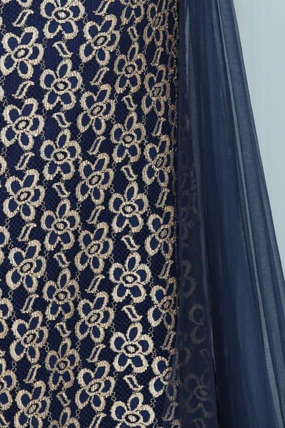 Floor Length Gold Mermaid Sleevless Crew Lace Prom Dresses