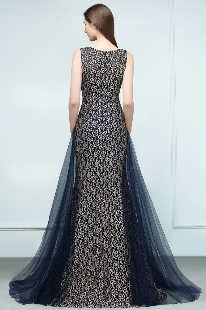 Floor Length Gold Mermaid Sleevless Crew Lace Prom Dresses