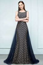 Floor Length Gold Mermaid Sleevless Crew Lace Prom Dresses