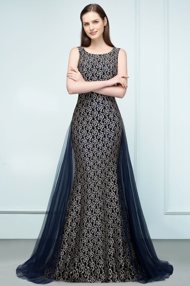 Floor Length Gold Mermaid Sleevless Crew Lace Prom Dresses