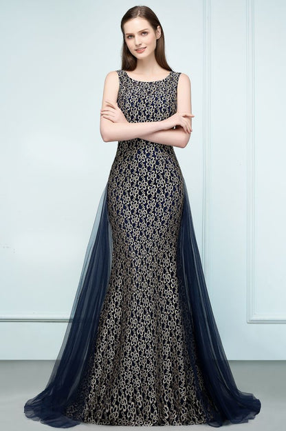 Floor Length Gold Mermaid Sleevless Crew Lace Prom Dresses