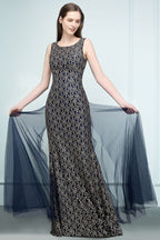 Floor Length Gold Mermaid Sleevless Crew Lace Prom Dresses