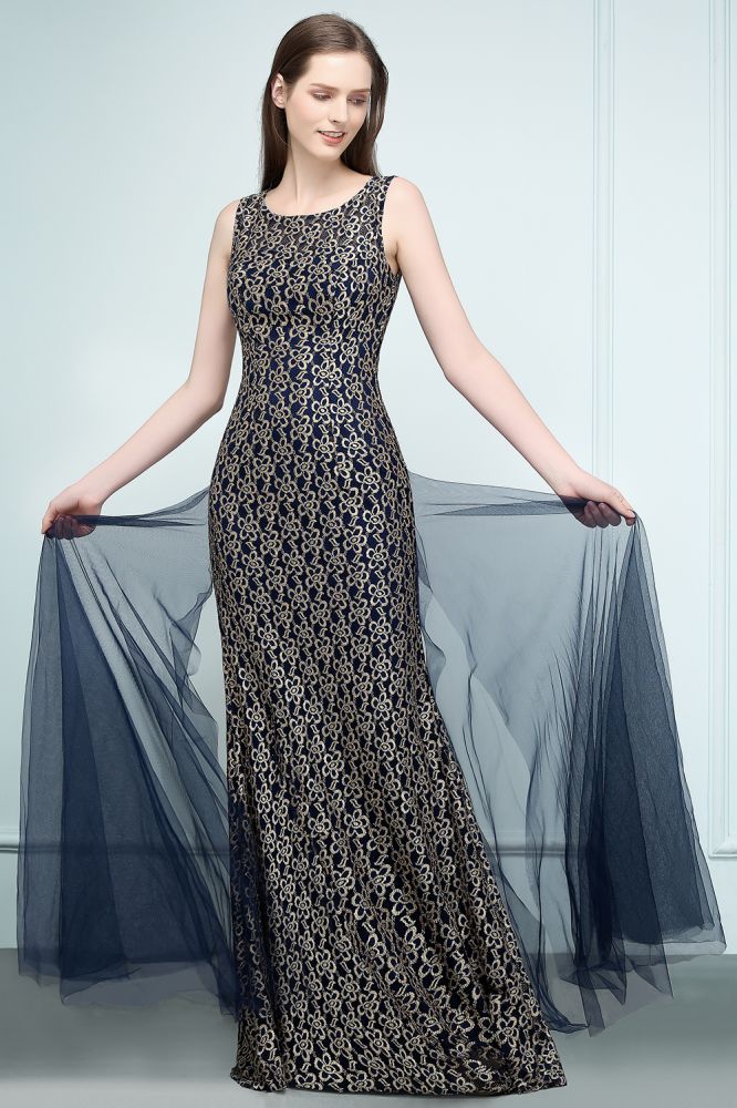 Floor Length Gold Mermaid Sleevless Crew Lace Prom Dresses