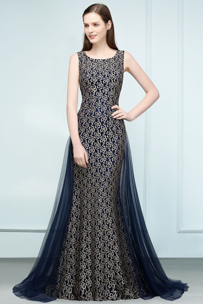 Floor Length Gold Mermaid Sleevless Crew Lace Prom Dresses