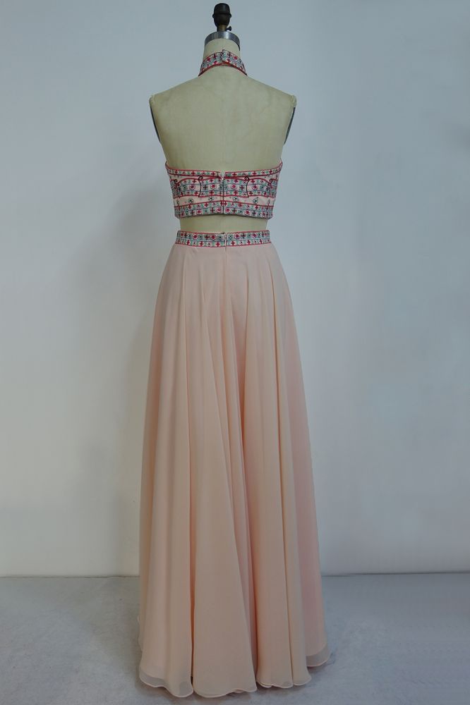 Floor Length Halter A-line Two-piece Chiffon Appliques Prom Dresses