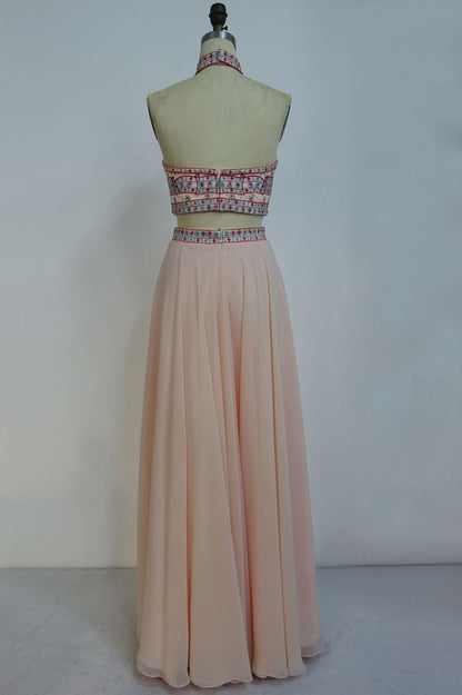 Floor Length Halter A-line Two-piece Chiffon Appliques Prom Dresses