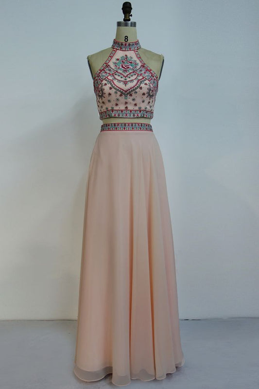 Floor Length Halter A-line Two-piece Chiffon Appliques Prom Dresses