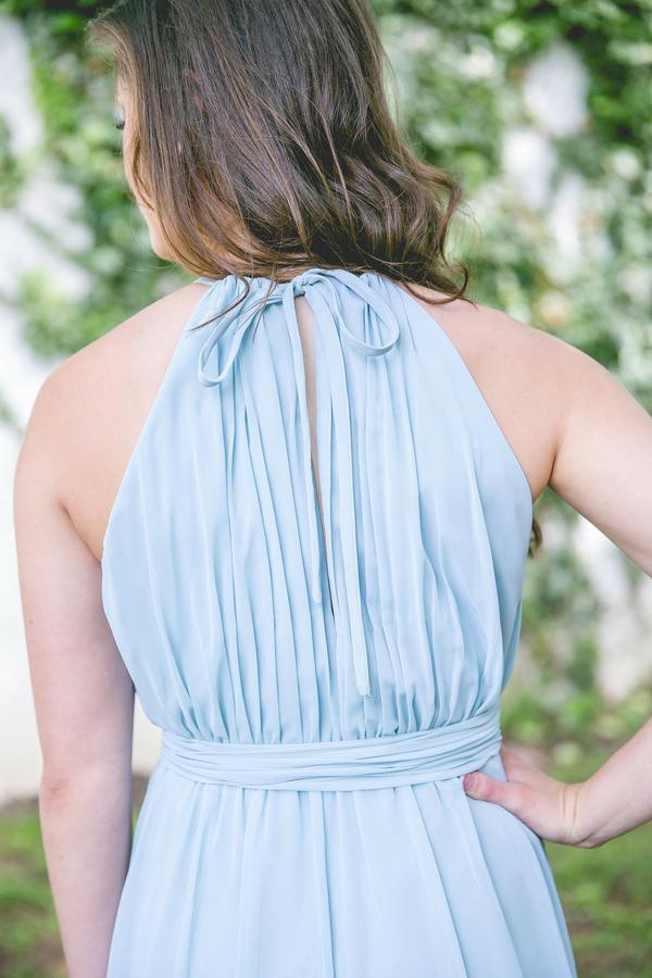 Vestido de dama de honor de gasa azul, sin mangas, con abertura alta hasta el suelo BD038