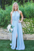 Vestido de dama de honor de gasa azul, sin mangas, con abertura alta hasta el suelo BD038