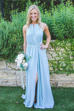 Vestido de dama de honor de gasa azul, sin mangas, con abertura alta hasta el suelo BD038