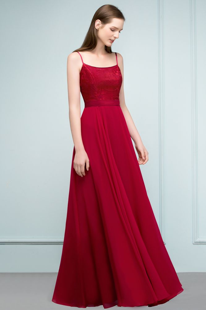 Vestidos de fiesta de corte A con apliques de encaje y espagueti hasta el suelo