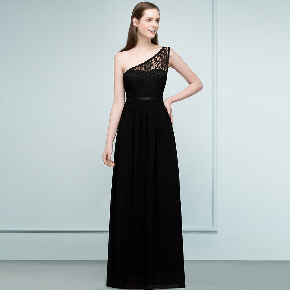 Vestidos de dama de honor de gasa con encaje, corte A, un hombro y faja